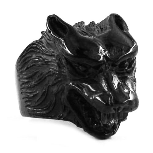Stainless Steel Black Wolf Head Ring SWR0189B - Click Image to Close
